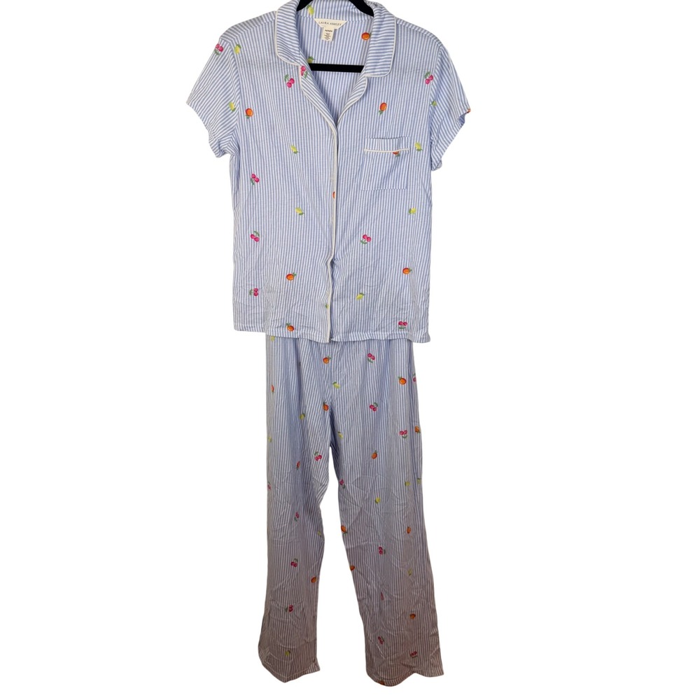 Laura Ashley Womens M Blue White Striped Fruit Embroidered Pajama Set Cute Soft